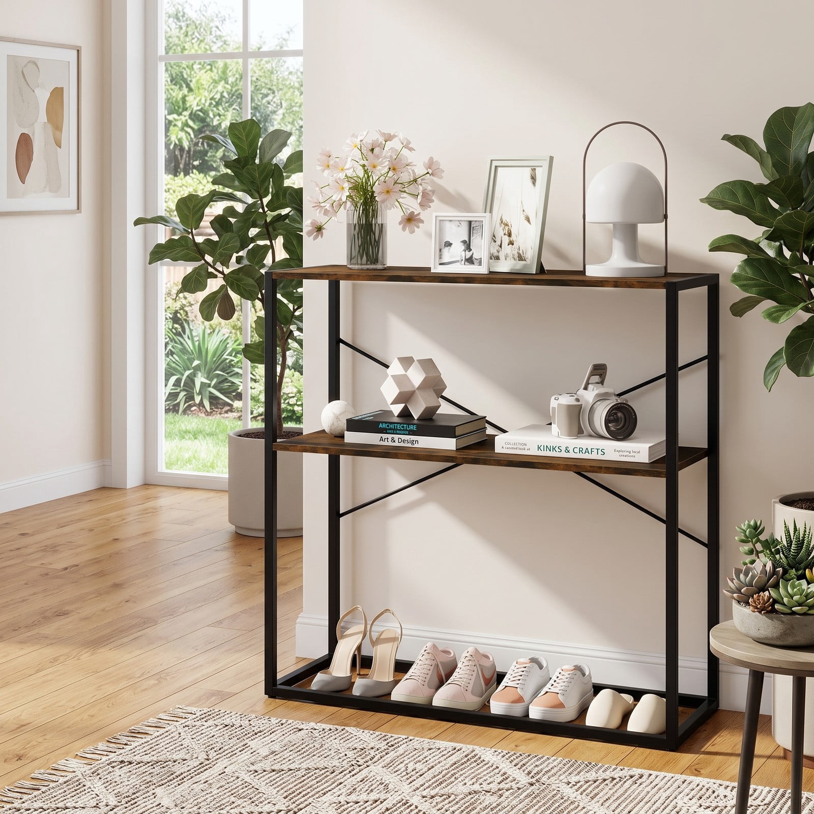 Furnibear 36 Inch Console Table 2-Tier Entryway Table with Wooden Open Shelves and Metal Frame for Hallway, Rustic Brown