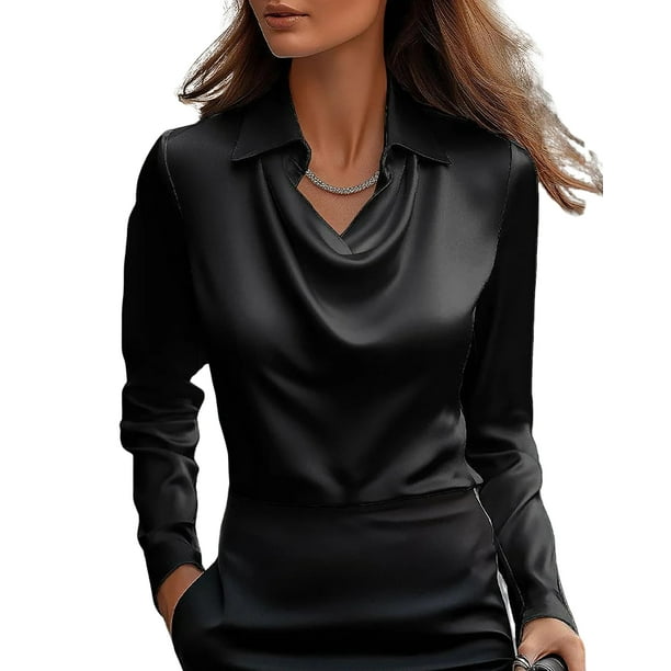 Blusa CORIRESHA elegante con cuello vuelto satinado para mujer, color negro