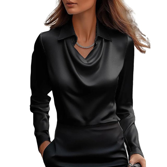 Blusa CORIRESHA elegante con cuello vuelto satinado para mujer, color negro