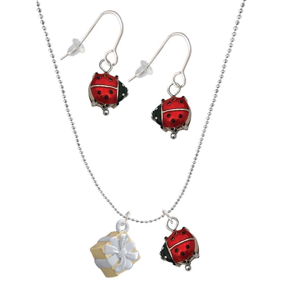 Delight Jewelry Goldtone 3-D Present with Crystal Red Lucky Ladybug Necklace and Dangle Earrings Set
