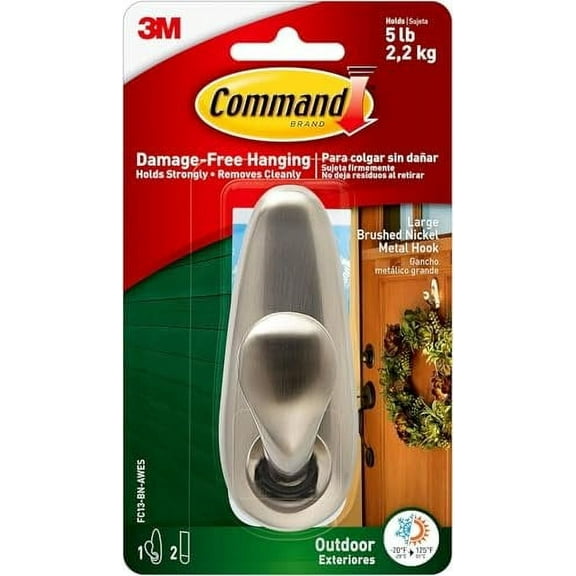 Command Outdoor Metal Hook, 1 Hook, 2 Strips, Water-Resistant Strips FC13-BN-AWES