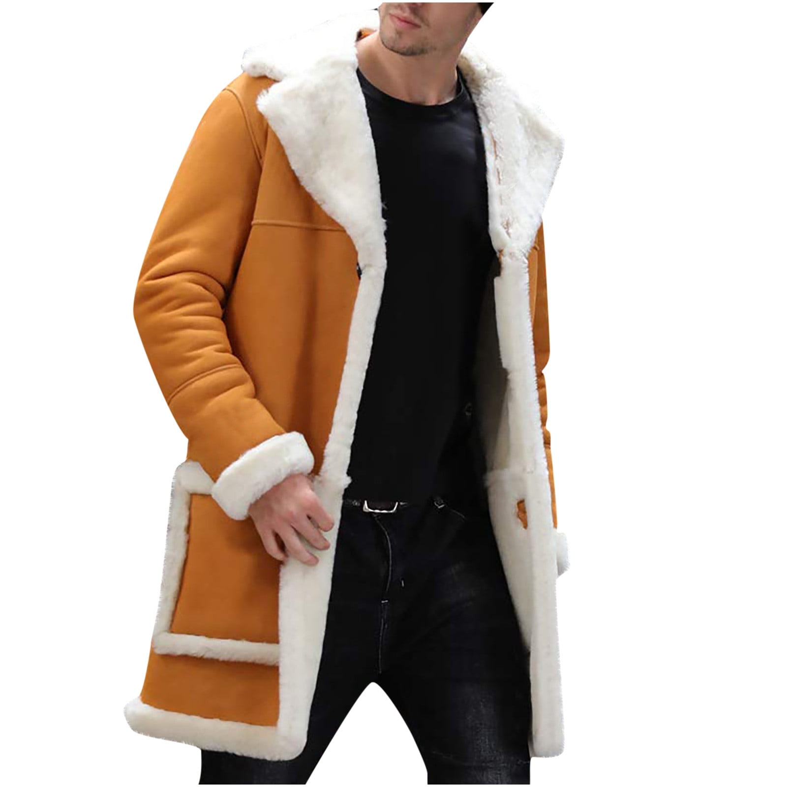Mens Long Faux Fur Collar Suede Jacket Sherpa Lined Fleece Shearling Trench  Coat Warm Military Cargo Trucker Aviator Lapel Jacket Outwear
