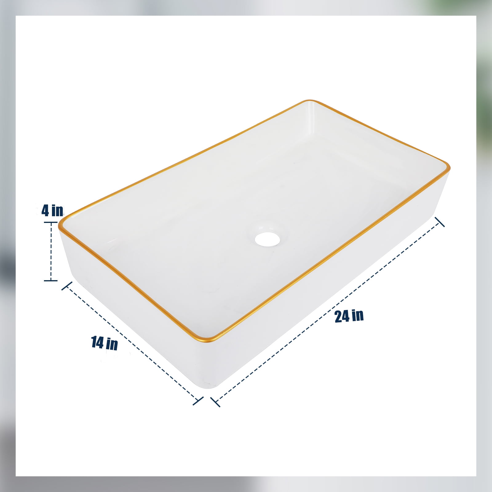 Bathroom Sink Rectangular 24"x 14"Bathroom Wash Basin With Gold Rim Design Art Basin Vanity Sink