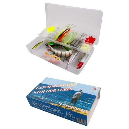 Fishing Kit Gift Boxed – 74pcs Combo Set Including Segmented Lures Crankbaits Plastic Worms Topwater Lures Tackle Box – Gift Idea for Father Men Women Kids