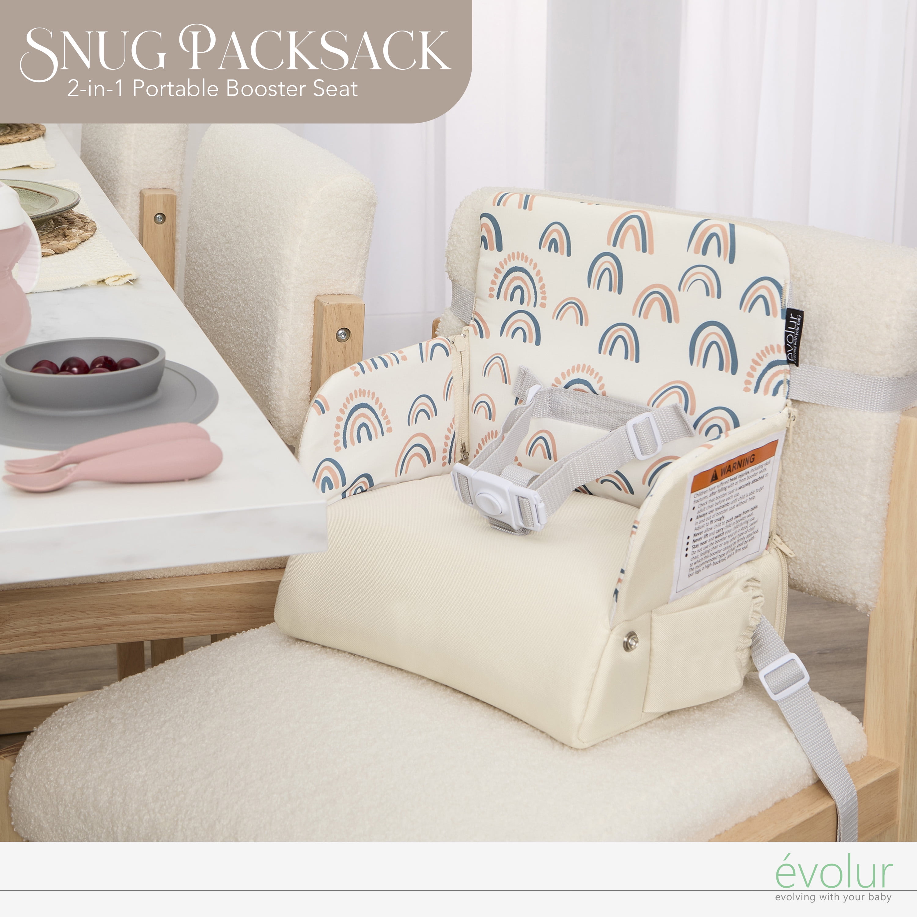 Evolur Snug Packsack 2-in-1 Portable Booster Seat and Travel Bag, Rainbow Gray