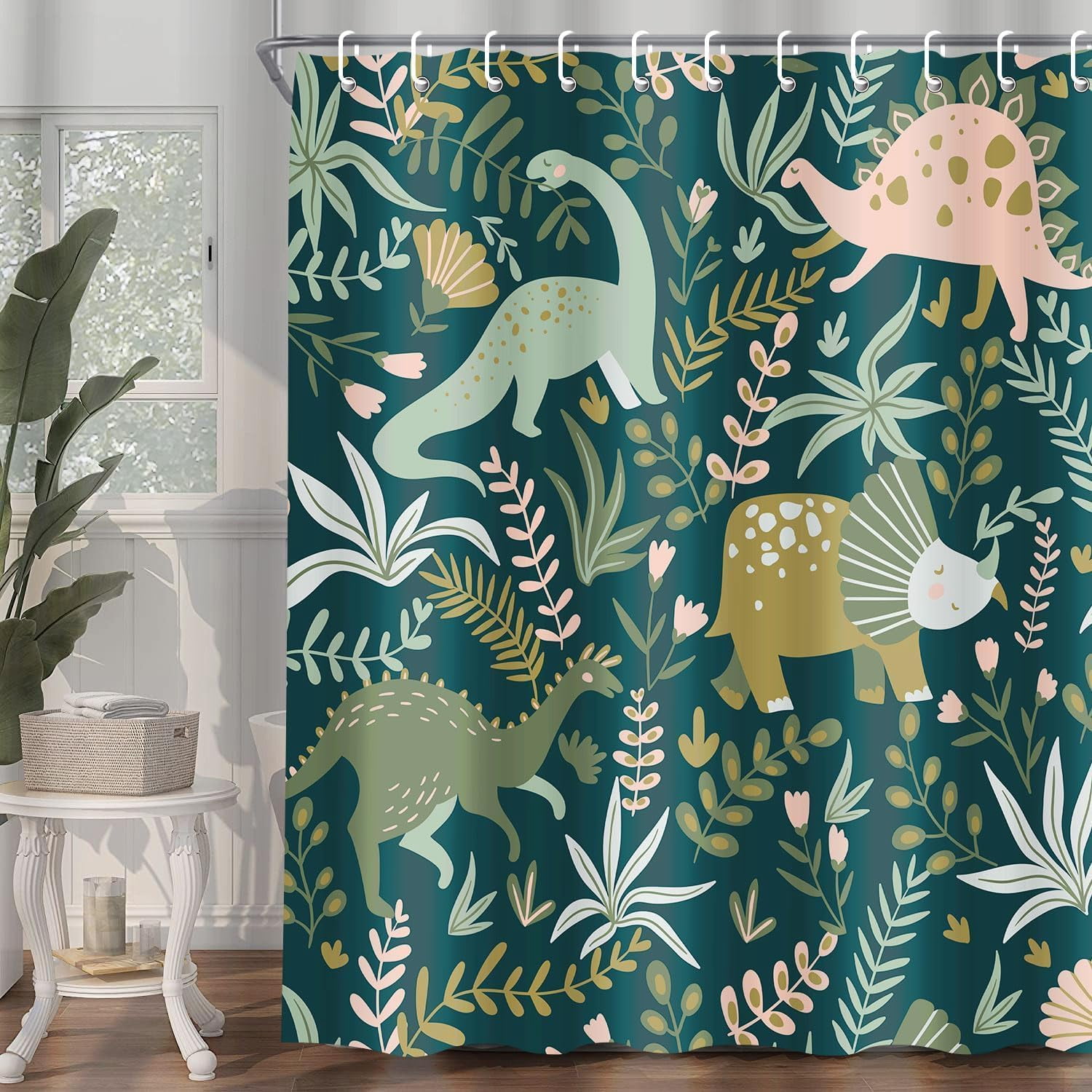 Kids Shower Curtains,Funny Dinosaur Shower Curtains, Cute Dinosaur for Boys Girls, Green Plant Leaf Flowers Colorful Bathroom Decor with Hooks Waterproof Fabric Polyester Bathtub Decorative