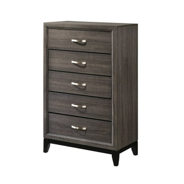 Benjara Chest with 5 Storage Drawers and Grain Details, Gray
