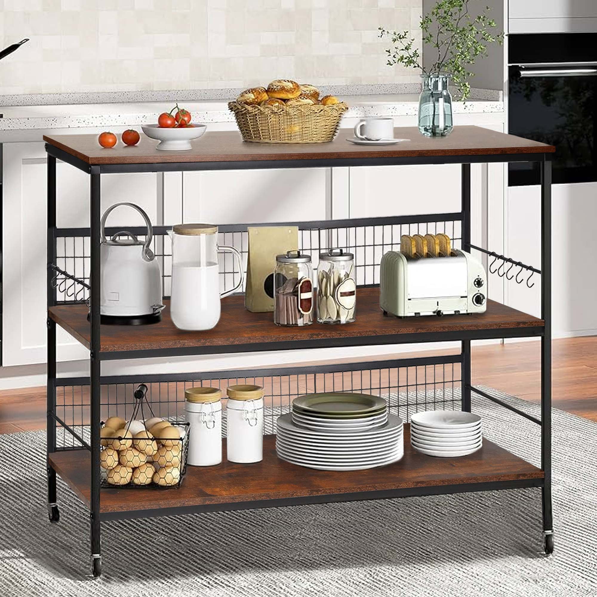 40" Wheeled Kitchen Storage Cart Island with Shelves, Copedvic 3-Tier Kitchen Bakers Rack with 10 Hooks