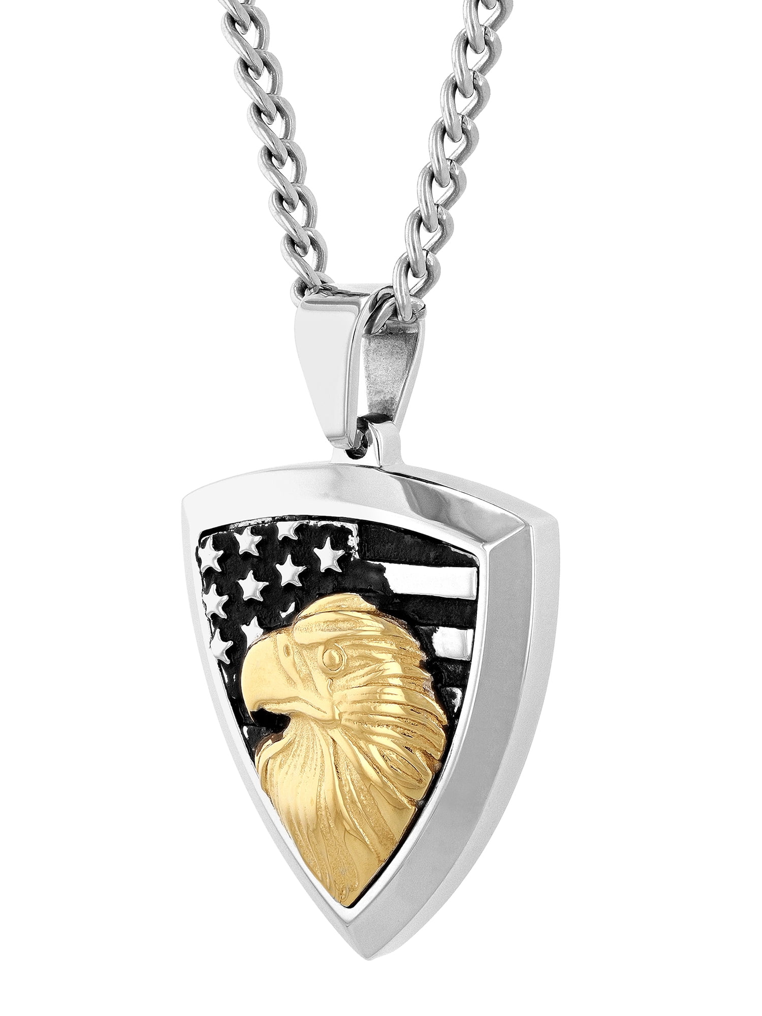 Brilliance Fine Jewelry Men's Stainless Steel Gold Eagle Shield Pendant 24" Necklace
