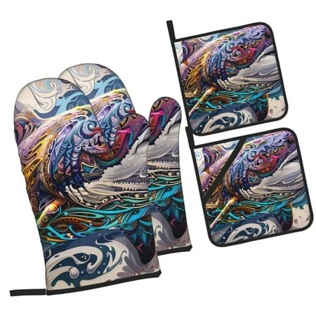 

Daiia Psychedelic Shark Artwork Pattern Oven Mitts and Pot Holders 4 pcs Set High Heat Resistant 500 Degree Extra Thicken Long Kitchen Cotton Oven Glove