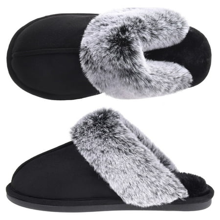 VANSARTO Women s Comfy Faux Fur Scuff Slippers Micro Suede Memory Foam Slip on Fuzzy Slide House Shoes Anti-Skid Sole Black Size 5-6