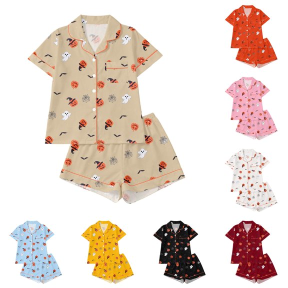FYDUU Halloween Girls Pajamas Set Pumpkin Print Short Sleeve Shirt and Shorts Button Down Pajama Sets Soft Kids Sleepwear 2 Piece Outfits 7-8 Years