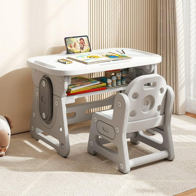 Gymax Kids Table & Chair Set Height Adjustable Toddler Drawing Table w/ Book Stand