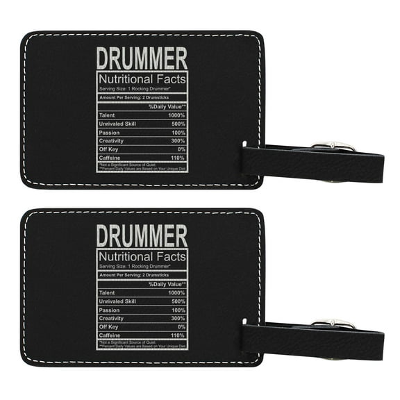 ThisWear Marching Band Gifts for Drummer Nutritional Facts Label 2-pack Laser Engraved Leatherette Luggage Tags Black