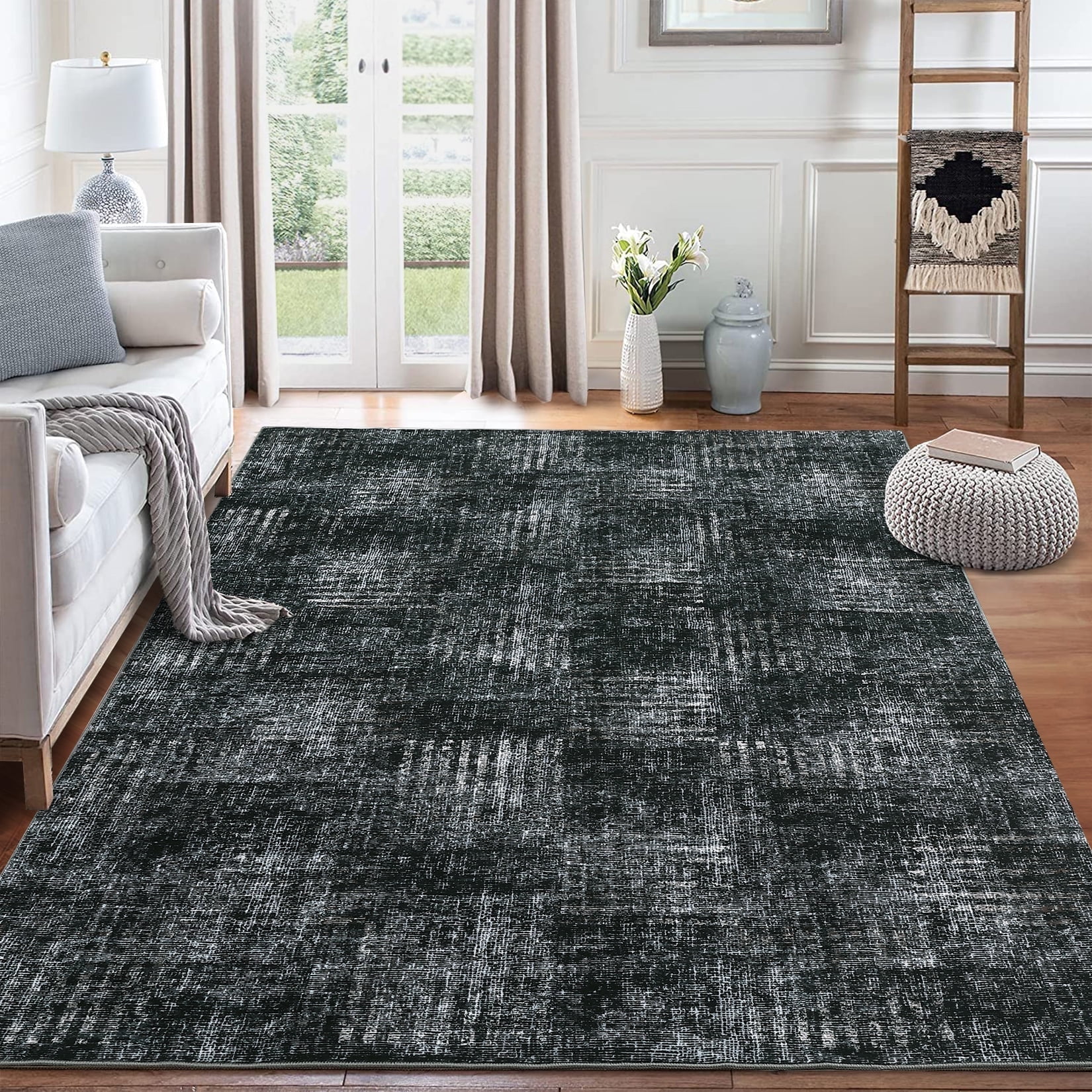 Garvee 8x10 Area Rug Modern Plaid Checkered Rug, Washable Rugs Soft Neutral Indoor Carpet Solid Rug Non Slip Low Pile Rug for Living Room Bedroom Dining Room Office, Gray