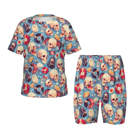 Luyuia music Skull record Retro Print Girls  2-Piece Tie-Dye Pajama Set  Cute Summer Loungewear with Shirt and Tank Shorts Nightwear-Small