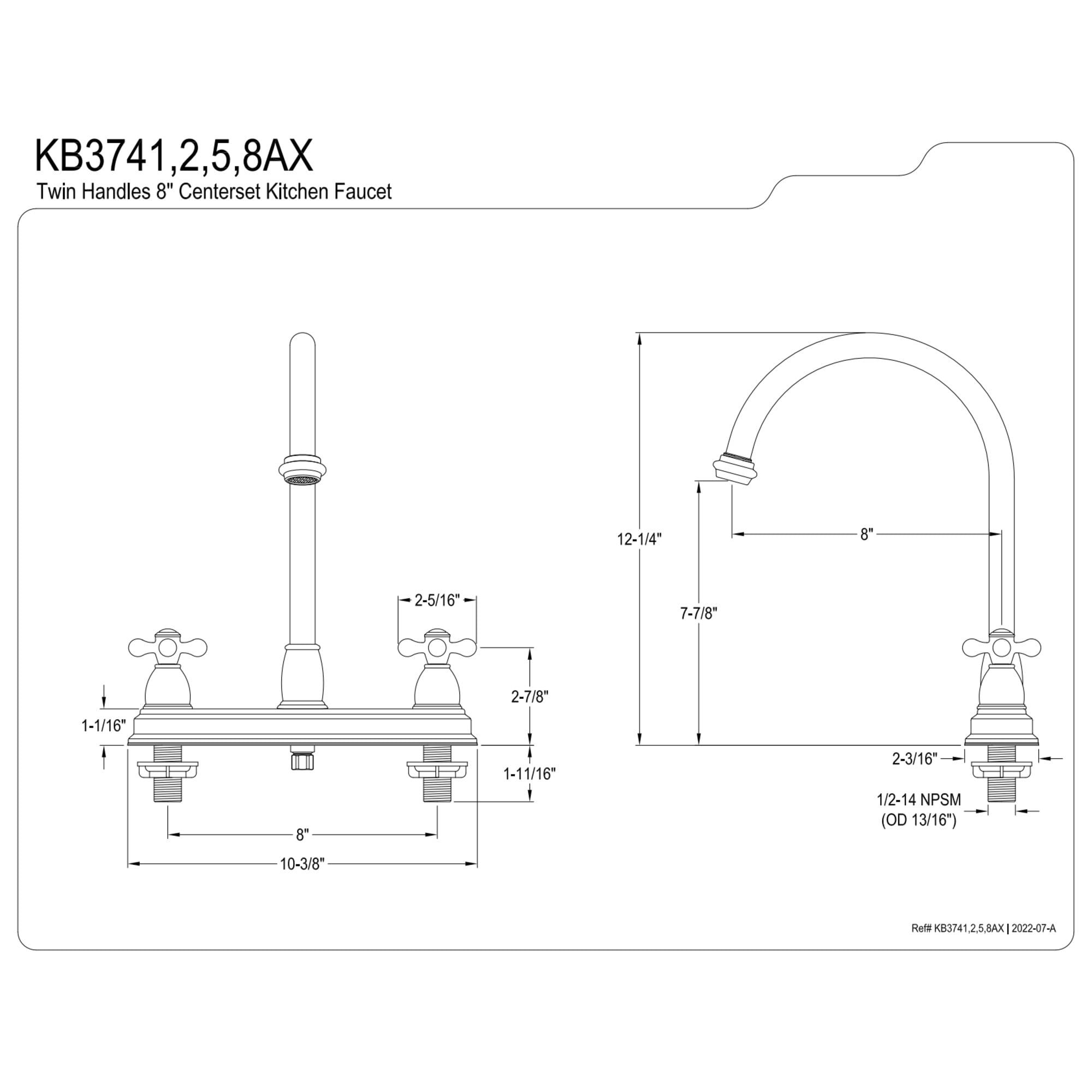 Kingston KB3742AX Restoration Two-Handle 3-Hole 8" Centerset Kitchen Faucet in Polished Brass