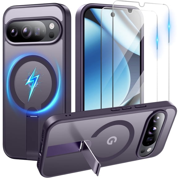 for Google Pixel 10 Case,2X Screen Protector,Magnetic Wireless Charging,Invisible Adjustable Kickstand,Military Grade Protection Clear Matte Cover for Pixel 10 Pro 6.3"(Purple)