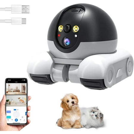 Blinky Bot Camera, Robot Camera on Wheels, Movable Pet Cameras with Dual Lens, 2 Way Talk, Motion Detection, Night Vision, App Remote Control, 1080p Small Robots Cam
