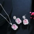 thumbnail image 2 of Elegant Pink CZ Flower Square Drop Necklace Earrings Silver Plated Jewelry Set, 2 of 9