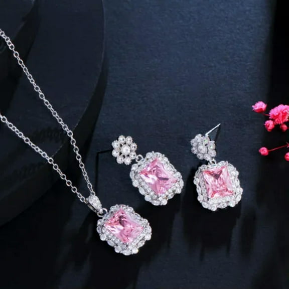Elegant Pink CZ Flower Square Drop Necklace Earrings Silver Plated Jewelry Set