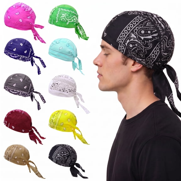 10 Pack Cotton Paisley Printed Pirate Head Wraps, Breathable Cycling Skull Caps, Hip Hop Tie Bandana Headscarves for Outdoor Sports