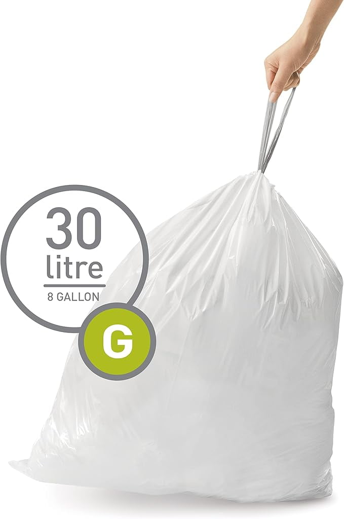 simplehuman Code G Custom Fit Drawstring Trash Bags in Dispenser Packs, 100 Count, 30 Liter / 8 Gallon, White