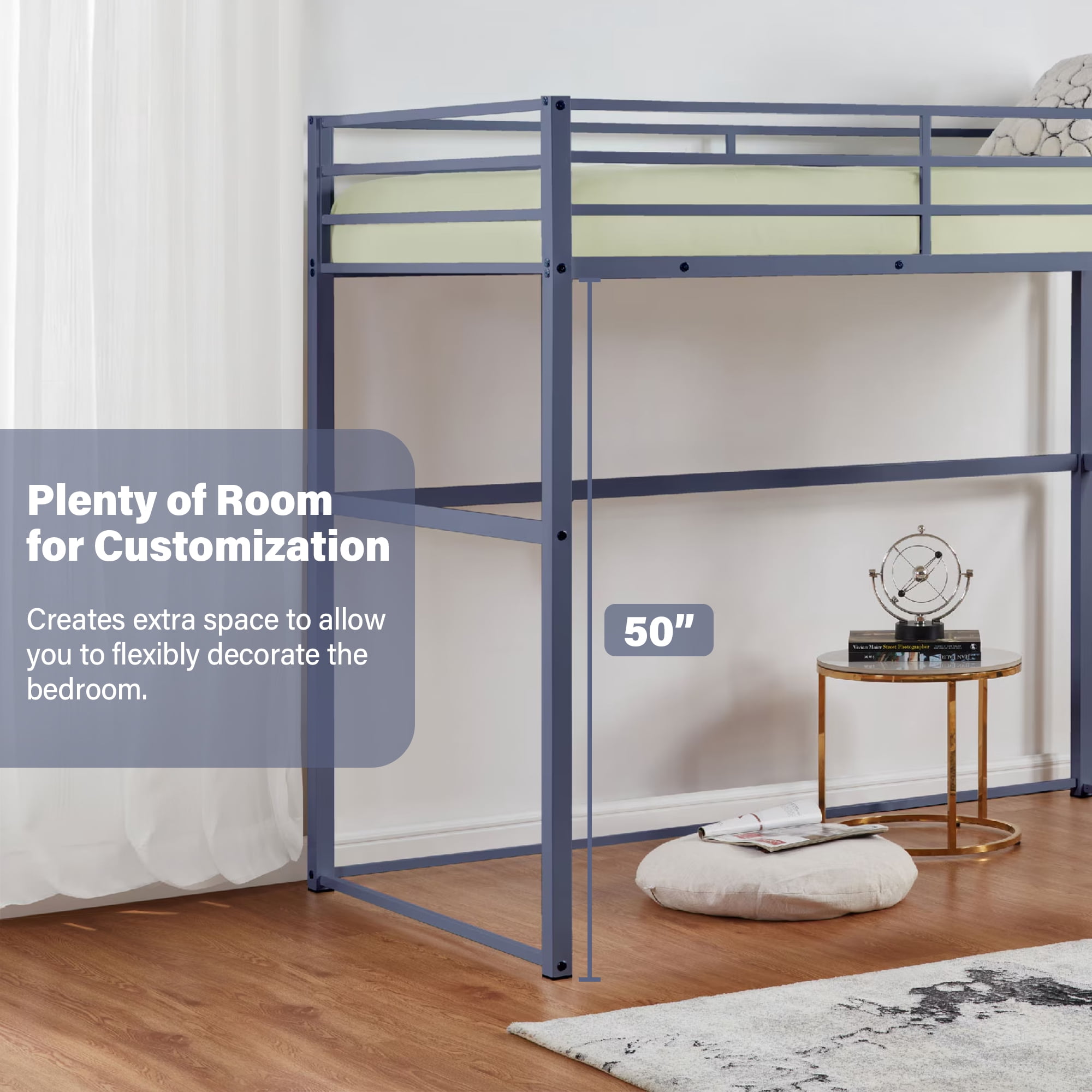 Aukfa Twin Size Metal Loft Bed, Space-Saving Bed with Safety Guard Rails Kids Teens, Gray