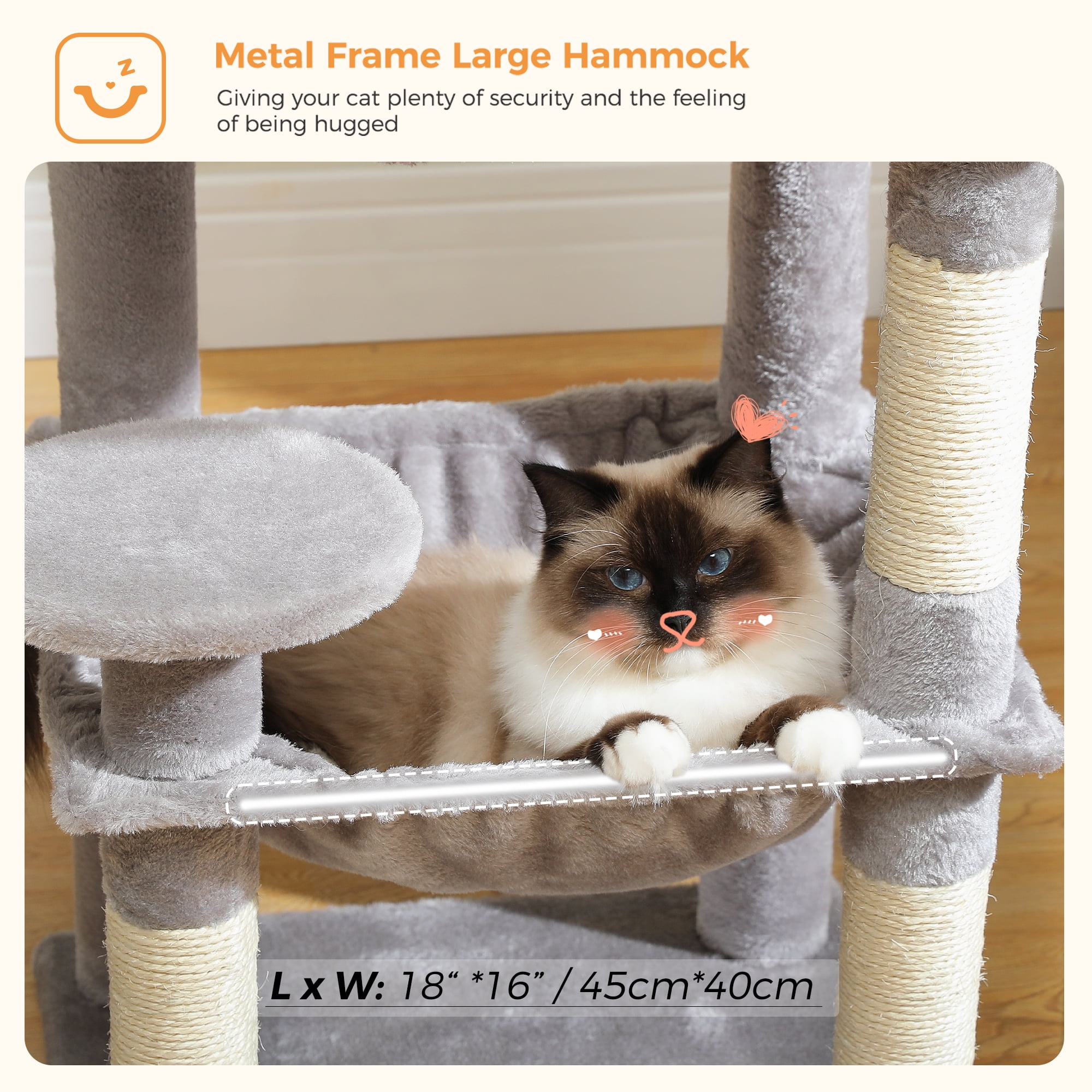 PEQULTI 45.7" Multi-Level Cat Tree Large Cat Tower Indoor with Condo and Hommock Light Gray