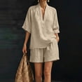 thumbnail image 5 of Bosfbaoi Two Piece Sets for Women Linen Blend Relaxed Fit Casual Outfit Set V-Neck Kimono Sleeve Tops Elastic Waist Shorts Summer Outfits Matching Sets Women Clothing, 5 of 7