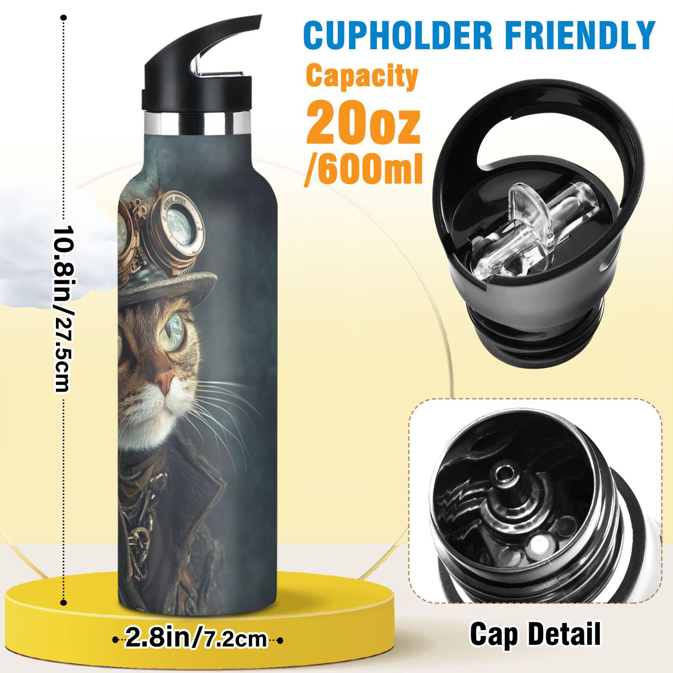600ML Stainless Steel Insulated Cup Sports Water Bottle Portable Thermos Cup Water Glasses Insulated Tumblers Convenient and Durable Steampunk Cute Cat