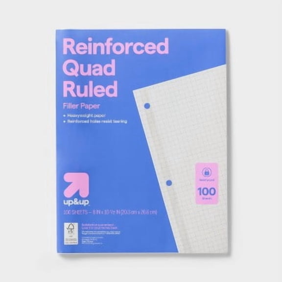 100ct 4"x4" Quad Ruled Notebook Filler Paper Reinforced - up&up: Quadrille Ruled, White, 20 lb, Loose Leaf, 100 Sheets