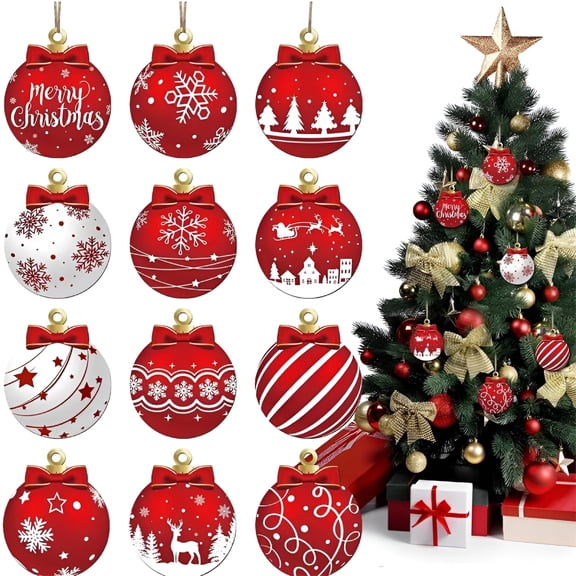 BESTSKY 2026 New 36Pcs Red and White Ornaments for Christmas Tree,2D Shatterproof Christmas Ball Ornaments New Year Glittering Hanging Decor New Home Ornament