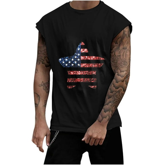 Lovskoo Tank Tops Men Muscle Shirts American Flag Sleeveless Tshirts Independence Day Casual July Fourth Printing Pullover Round Neck Sports Tank Tops Vest Black