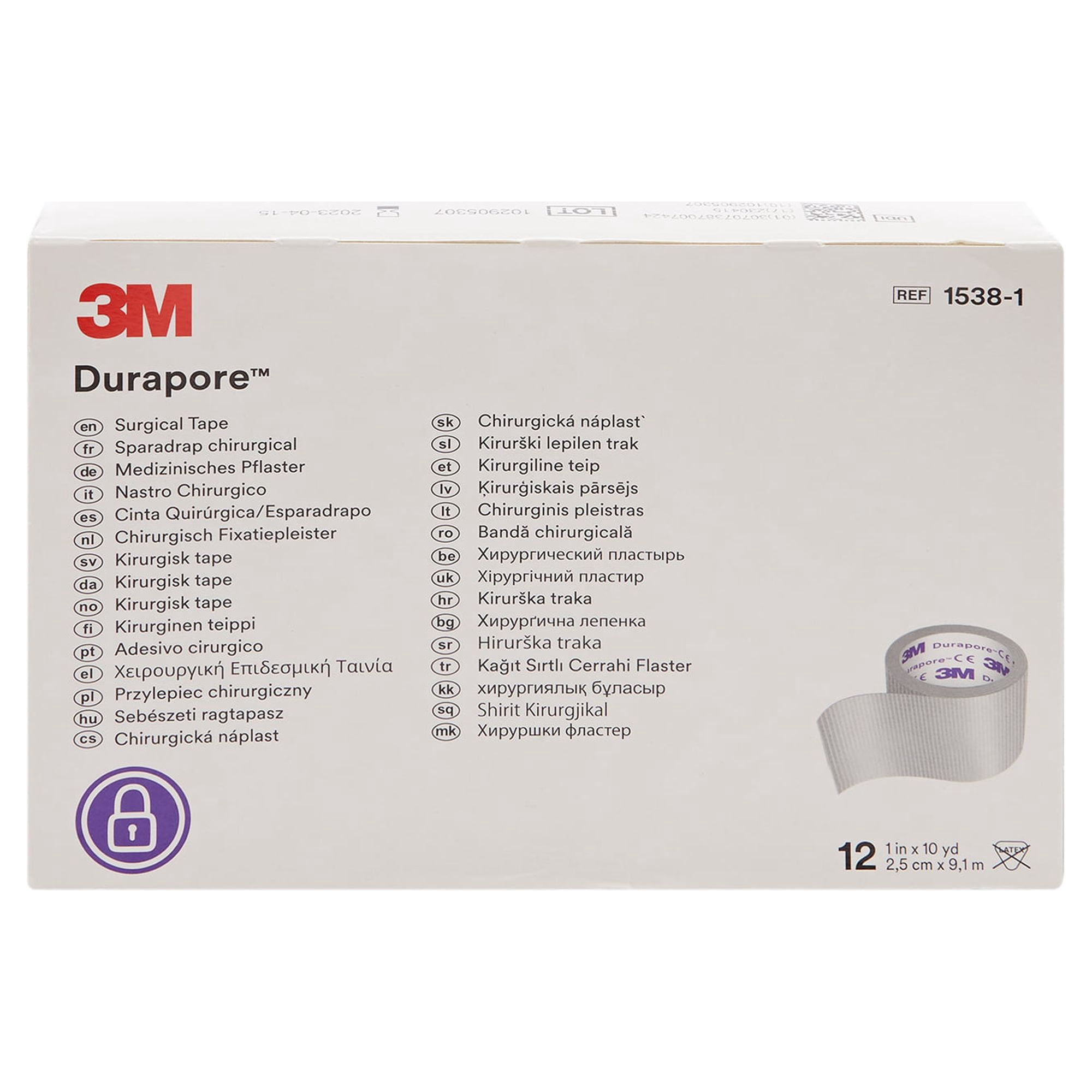 3M Durapore Medical Tape, Non-Sterile, Silk-Like Cloth, White, 1 in x 10 yds, 12 Rolls, 10 Packs, 120 Total