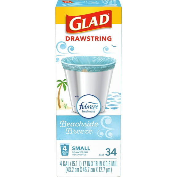 Glad OdorShield Small Drawstring Trash Bags - Febreze Beachside Breeze - 4 Gallon - 34 Count