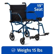 Medline Transport Wheelchair with Permanent Desk Arms, Lightweight, Swing-Away Footrests, 300 lb Weight Capacity, Blue, Cup Holder