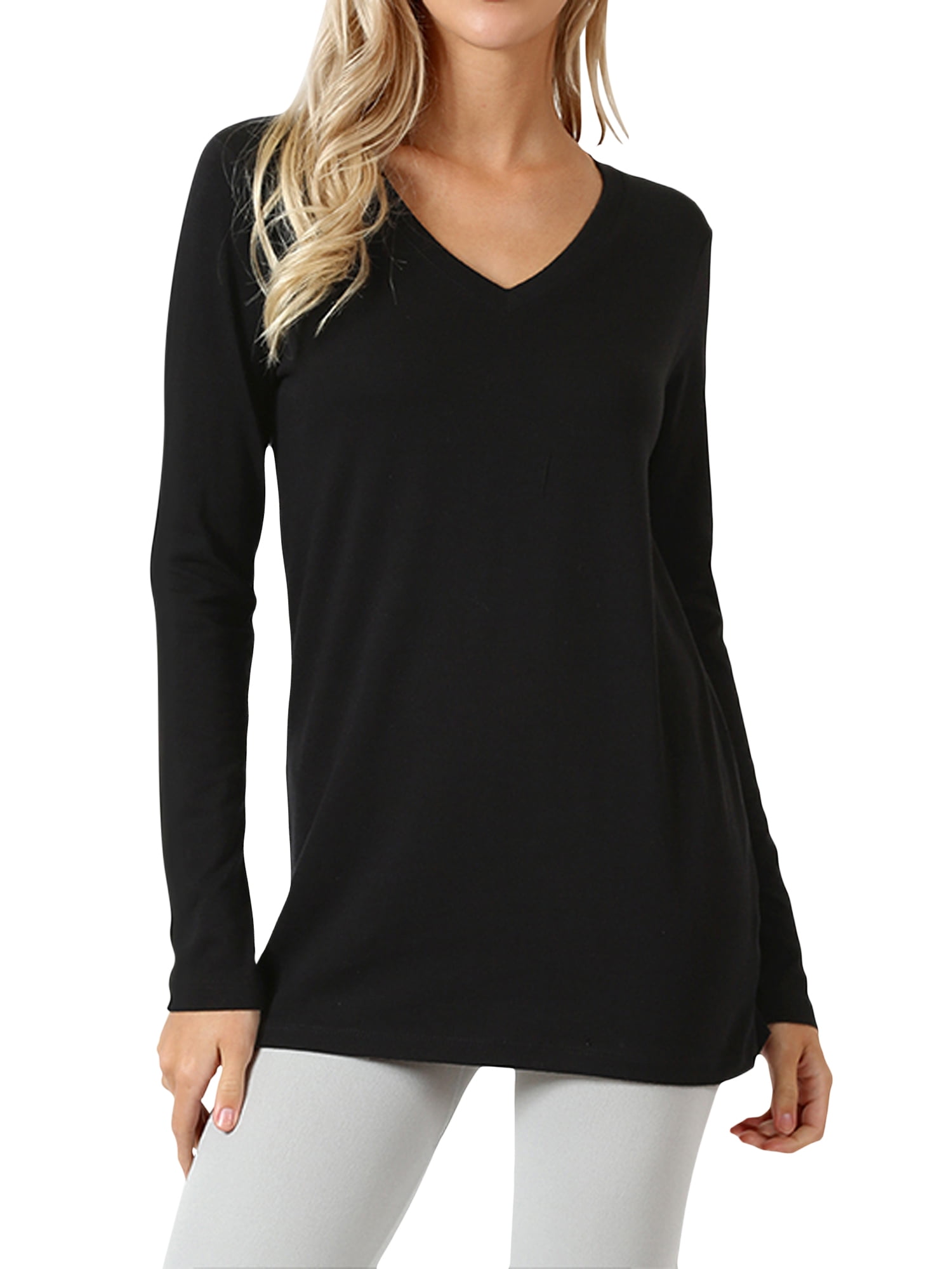 Women Casual Basic Cotton Loose Fit V-Neck Long Sleeve T-Shirt Top ...