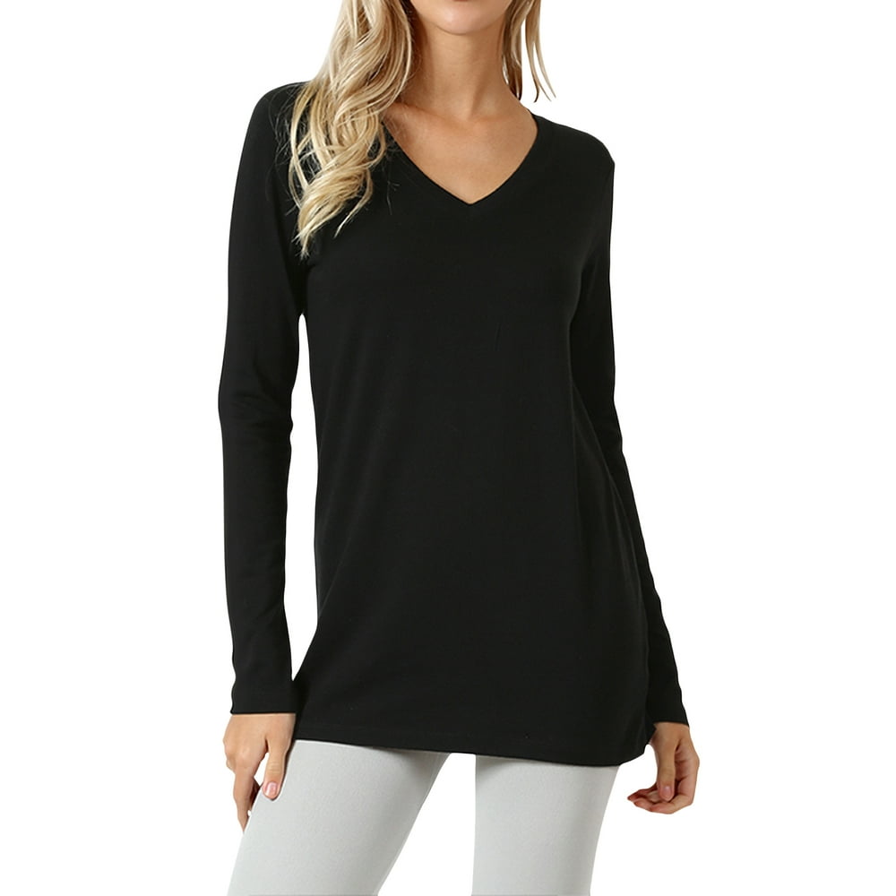 Thelovely Women Casual Basic Cotton Loose Fit V Neck Long Sleeve T