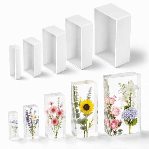 Large Resin Molds, 5-Piece Rectangle Silicone Mold Set with Wooden Support for Epoxy Casting and Flower Preservation
