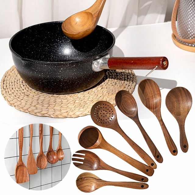 Tableware 7Pcs Wooden Cooking Utensils Set for Nonstick Kitchen Teak Wood Spatula and Spoons Durable Utensils for Everyday Cooking