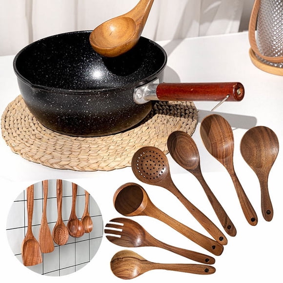 Vaisselle Ensemble de 7 Pcs d'Ustensiles de Cuisine en Bois de Teck pour Spatules et Cuillères de Cuisson Antiadhésives Outils en Bois Naturel pour un Brassage Robuste et une Manipulation Sécuritaire