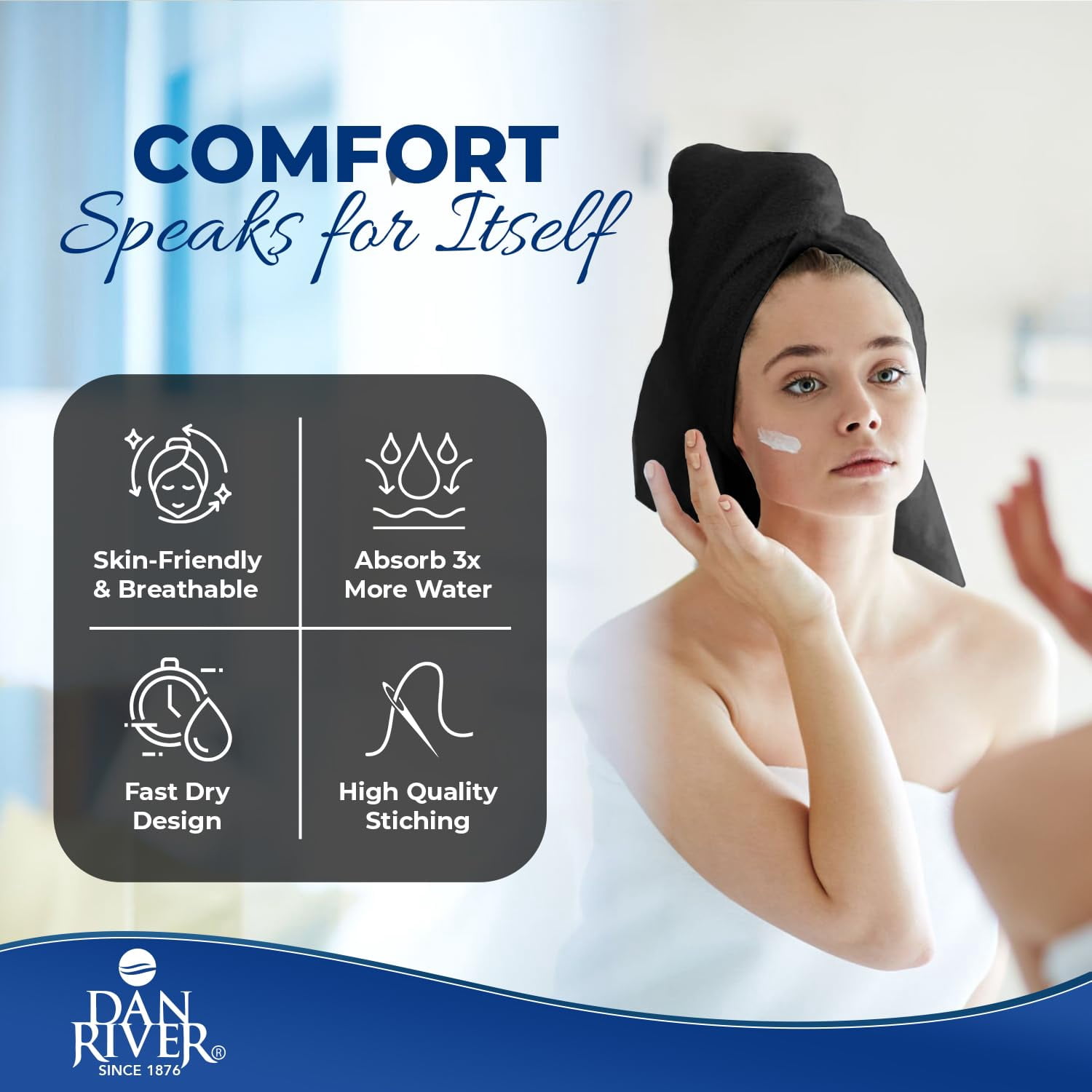 Dan River Bath Towel 6 pack 22x44 in Ultra Soft Quick Drying Cotton Towel - Black