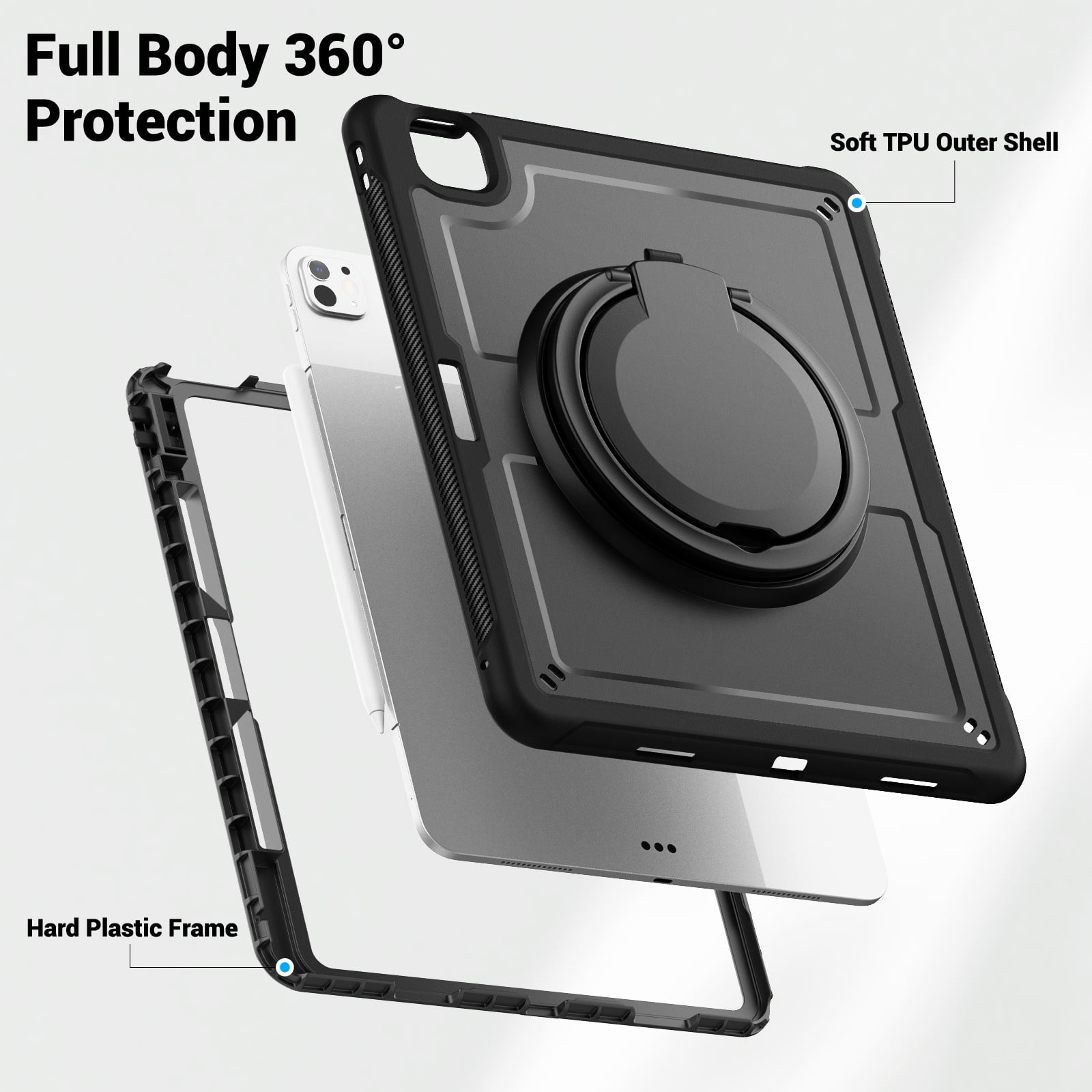 Shockproof Case for Apple iPad Pro 13 Inch 2024, Rugged Hybrid Protective Cover with Pencil Holder & Shoulder Strap Kids Friendly Rotating Kickstand Case for iPad Pro 13" 2024 M4,Black