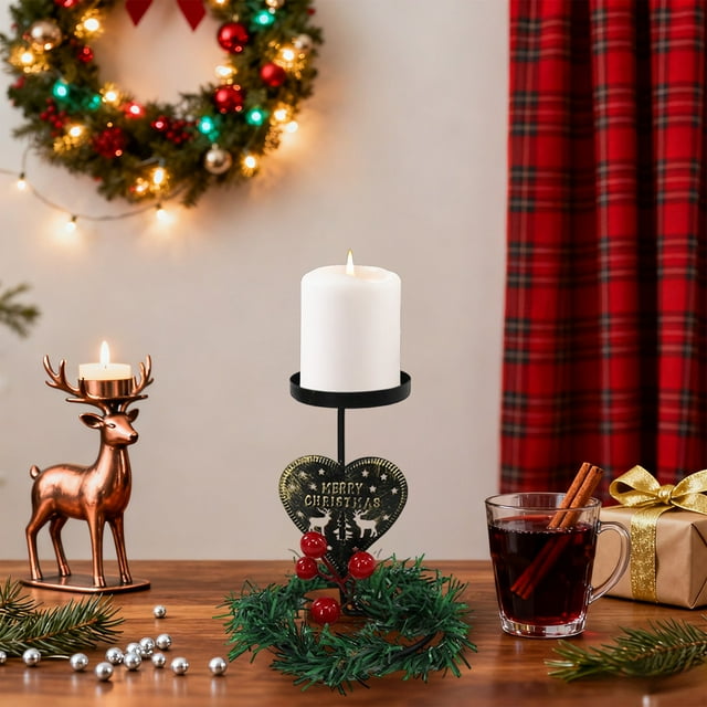 Vacemry Bougeoir de Table de Noël en Métal, Centre de Table Design Cœur de Renne, Couronne avec Décor de Baies Rouges, Décoration de Salle à Manger de Fête