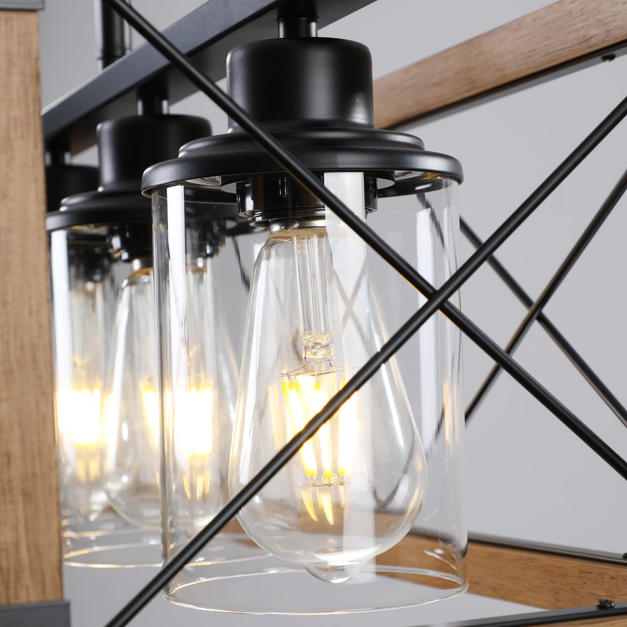 5-Light Farmhouse Chandelier for Kitchen Island, Rustic Hanging Lights Fixture with Clear Glass Shades, Adjustable Height Wood and Metal Fixture for Dining Room, Foyer, Entryway, Walnut Finish