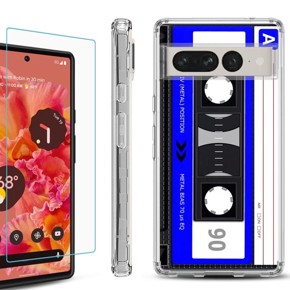Shockproof Bumper Phone Case for Google Pixel 7 Pro, with Tempered Glass Screen Protector, by OneToughShield ® - Cassette Blue