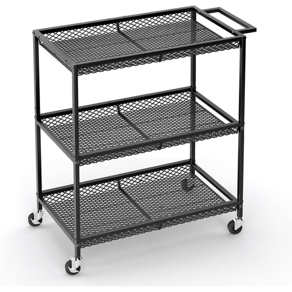 3 Tier Rolling Utility Kitchen Cart, Heavy Duty Wire Rolling Cart on Wheels, Commercial Metal Serving Carts with Handle, Kitchen Island Plant Shelf Food Storage Trolley for Laundry, Office, Garage