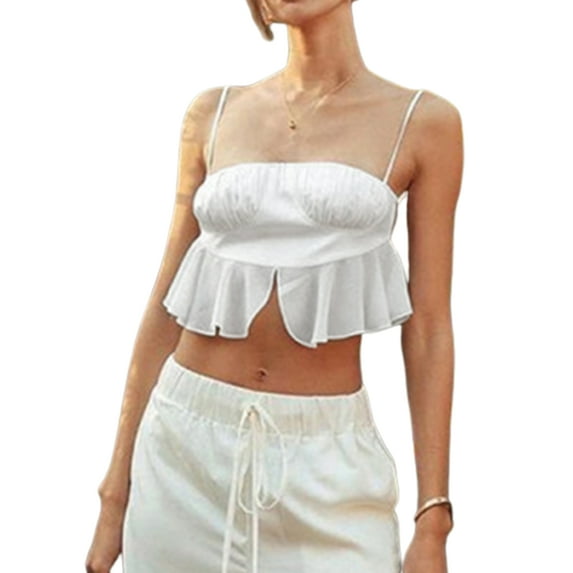 Seyurigaoka Women Spaghetti Strap Bodycon Camisole, Solid Color Backless Cropped Peplum Tops, S/M/L