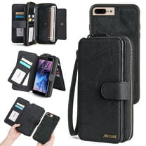 Feishell for iPhone 7 Plus/8 Plus Multi-Function Wallet Case, with Wrist Strap, Premium PU Leather 2 in 1 Magnetic Detachable Purse 14 Card Holder Slots Zipper Pocket Phone Case for Women Men,Black